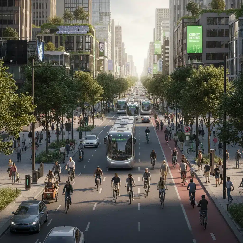 Scène urbaine avec véhicules électriques, vélos et transports en commun, symbolisant la mobilité durable.