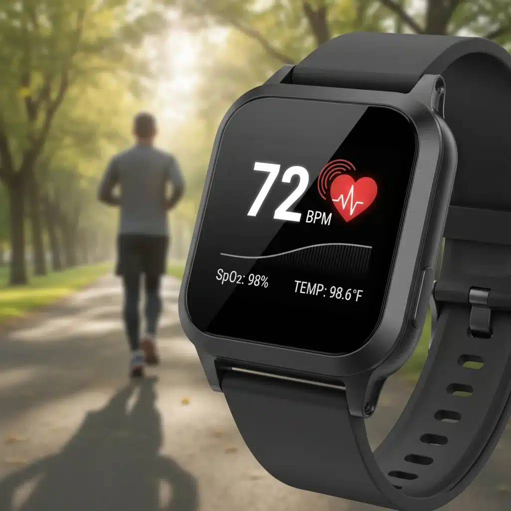 Montre connectée affichant des données de santé vitales pour le suivi patient à distance.