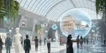 Visiteurs interagissant avec des expositions futuristes dans un musée français en 2026, intégrant réalité augmentée et intelligence artificielle.