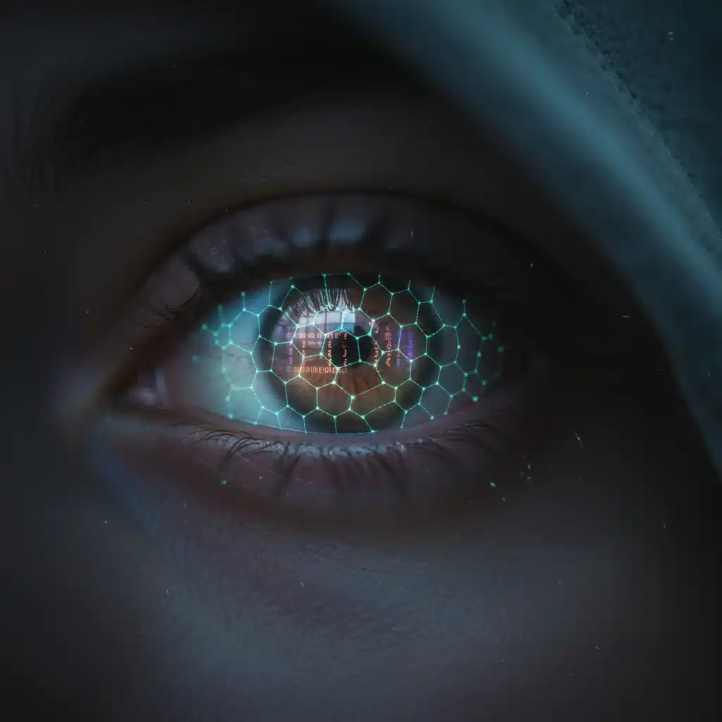 Gros plan sur un œil humain avec des micro-implants numériques subtils, évoquant l'amélioration visuelle et la question de la vie privée.