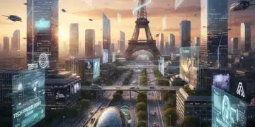 Paysage urbain futuriste de Paris avec des technologies avancées et des hologrammes, symbolisant l'innovation française.