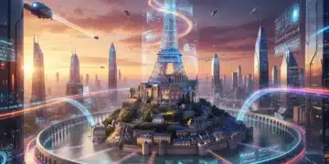 Illustration numérique du patrimoine français avec des éléments technologiques futuristes