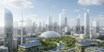 Paysage urbain français intégrant éoliennes et panneaux solaires, symbolisant la transition énergétique.