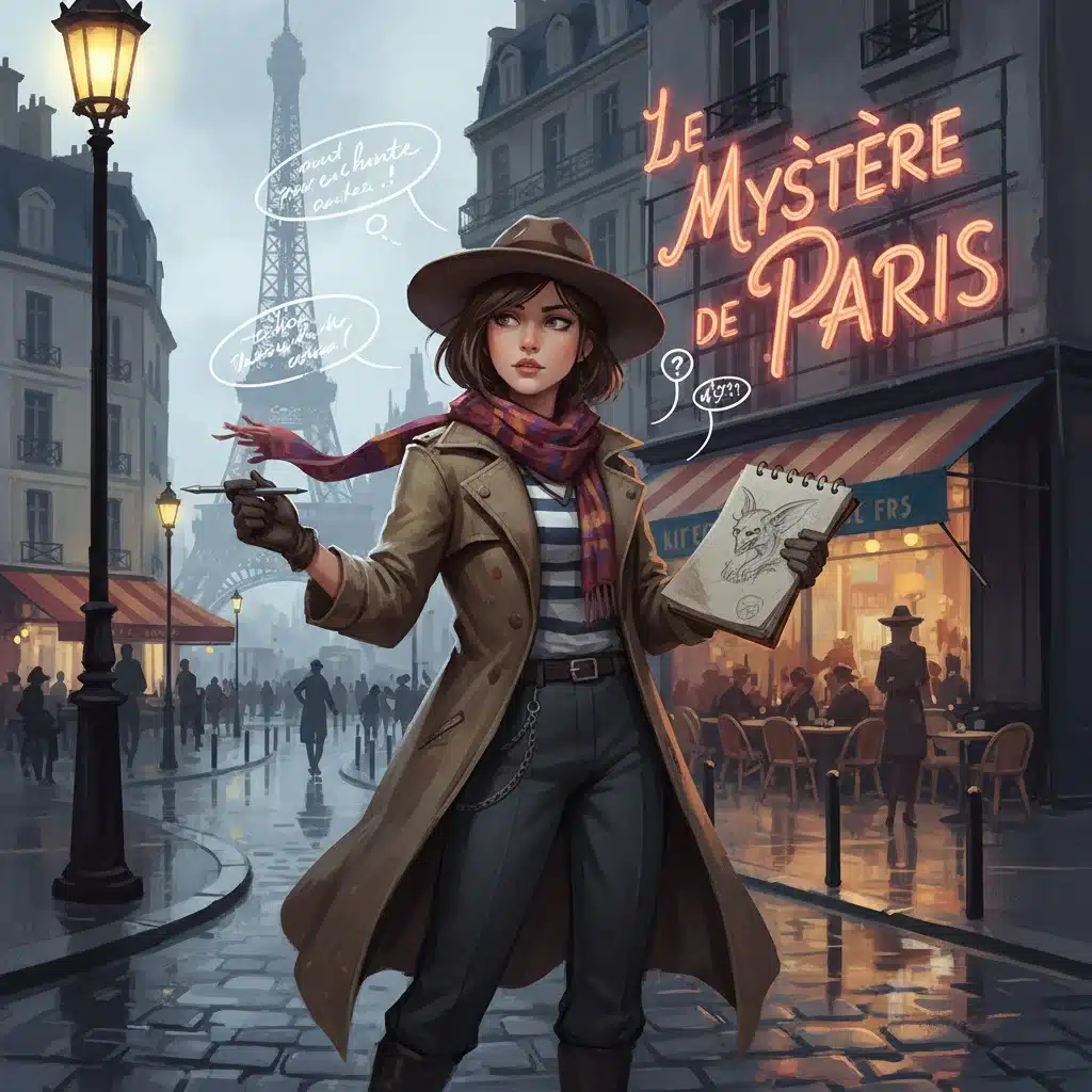 Personnage d'un jeu d'aventure narratif dans un Paris moderne et stylisé