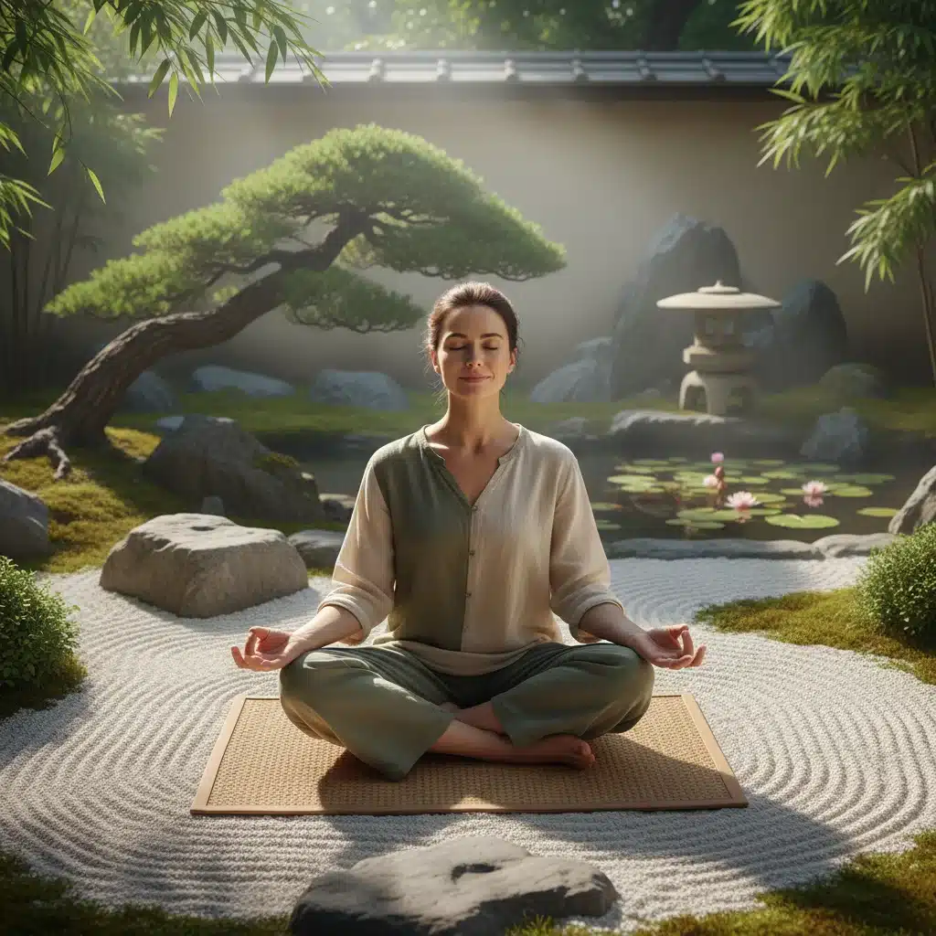 Personne méditant dans un jardin paisible, symbolisant la pleine conscience et la gestion du stress.