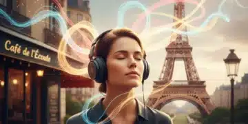 Écouteur avec ondes sonores et éléments français, symbolisant les podcasts narratifs en France.
