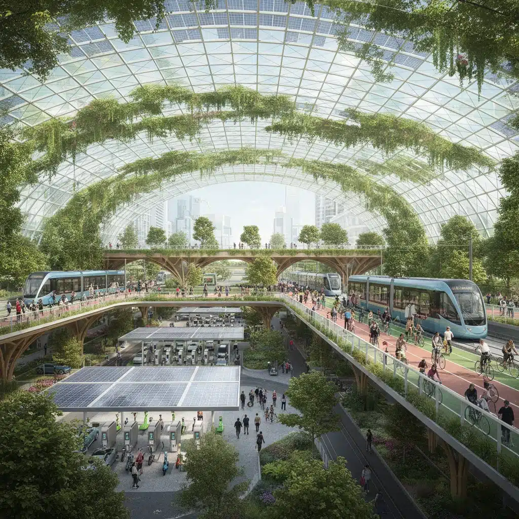 Pôle d'échange multimodal futuriste avec tramways, vélos et bornes de recharge