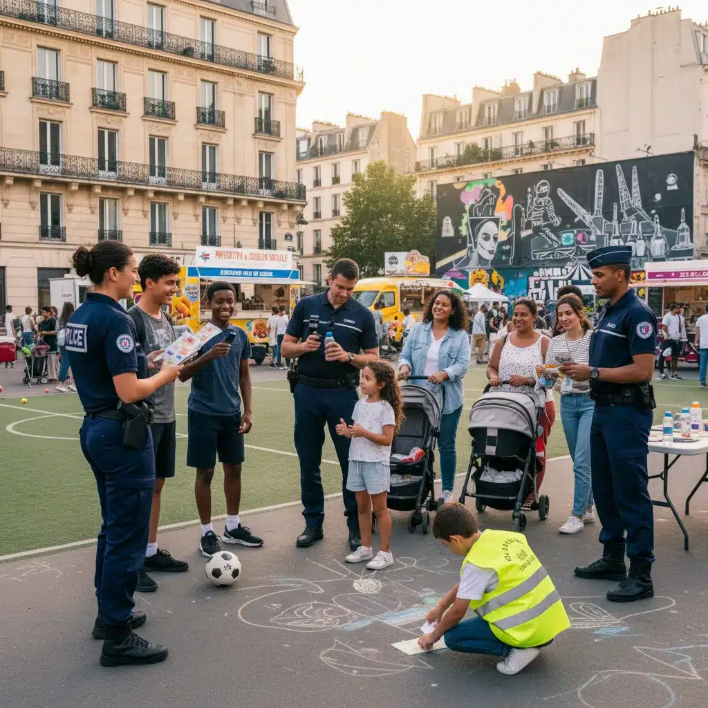 Agents de police français interagissant positivement avec des jeunes et des familles lors d'un programme de prévention communautaire.