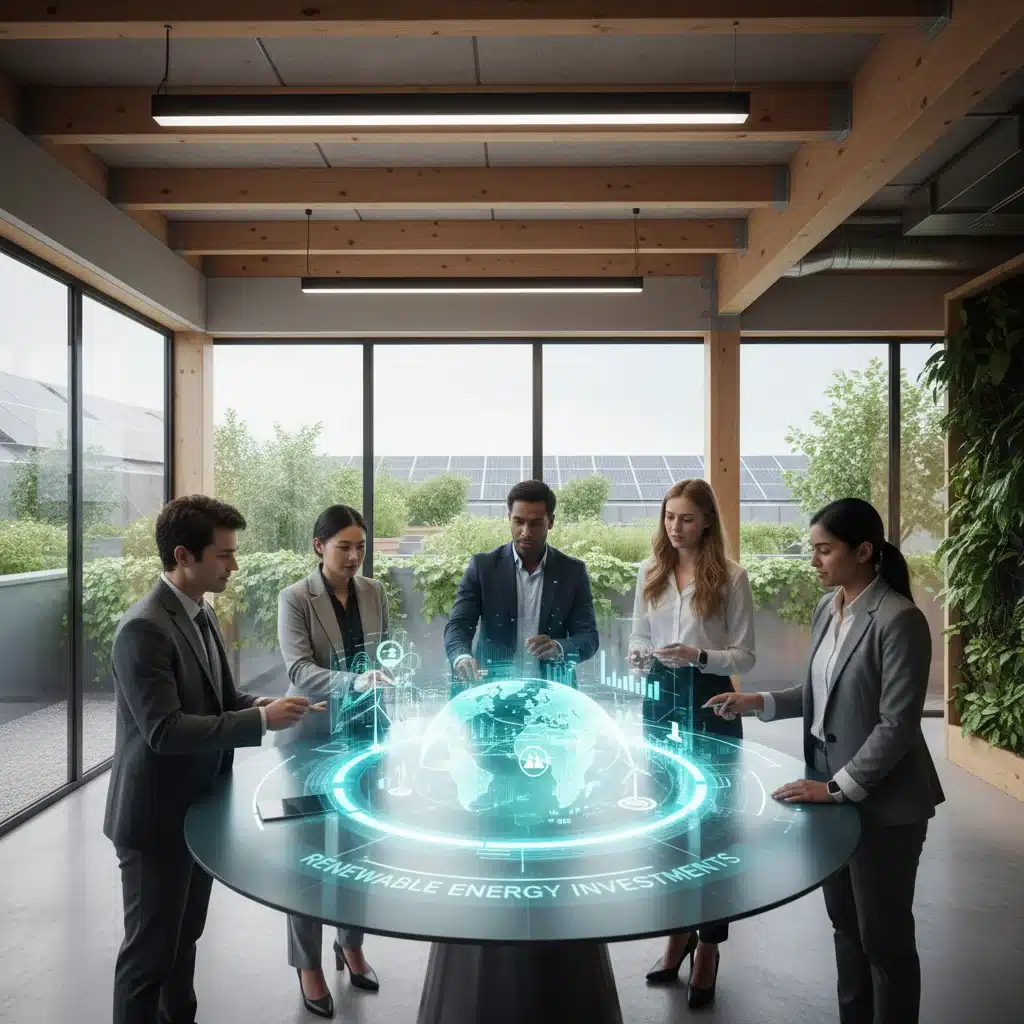 Professionnels discutant des investissements dans les énergies renouvelables et l'innovation technologique en France.