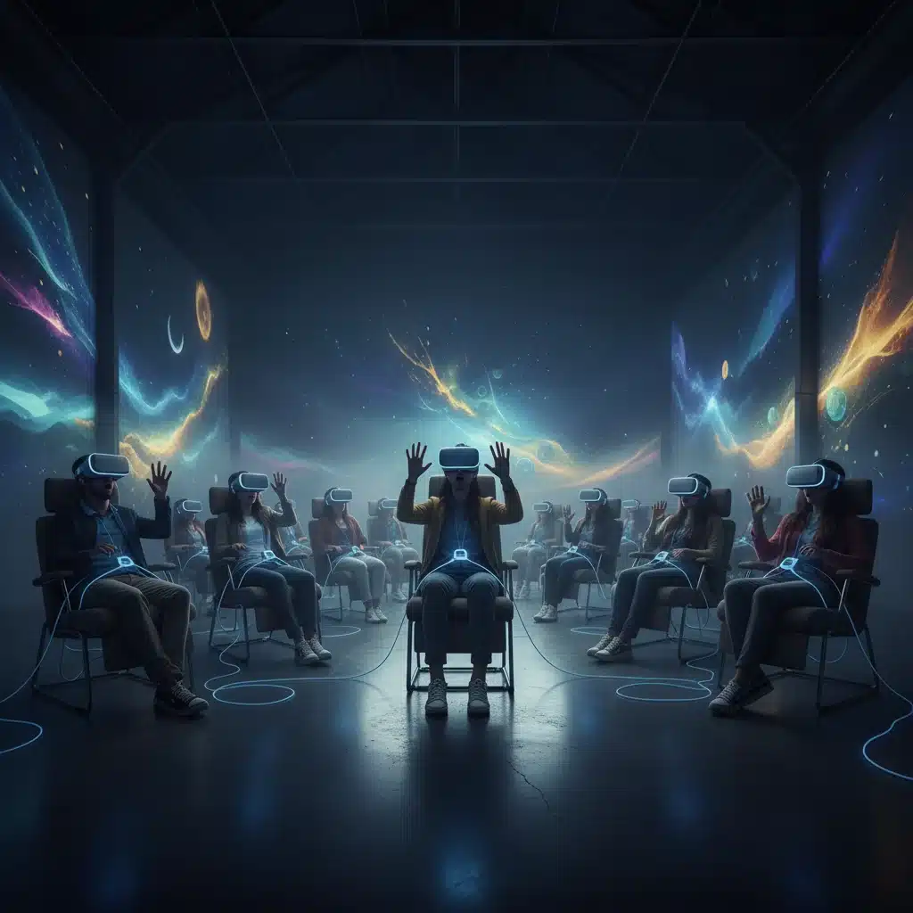 Public avec des casques de réalité virtuelle, plongé dans une expérience théâtrale immersive et collective.
