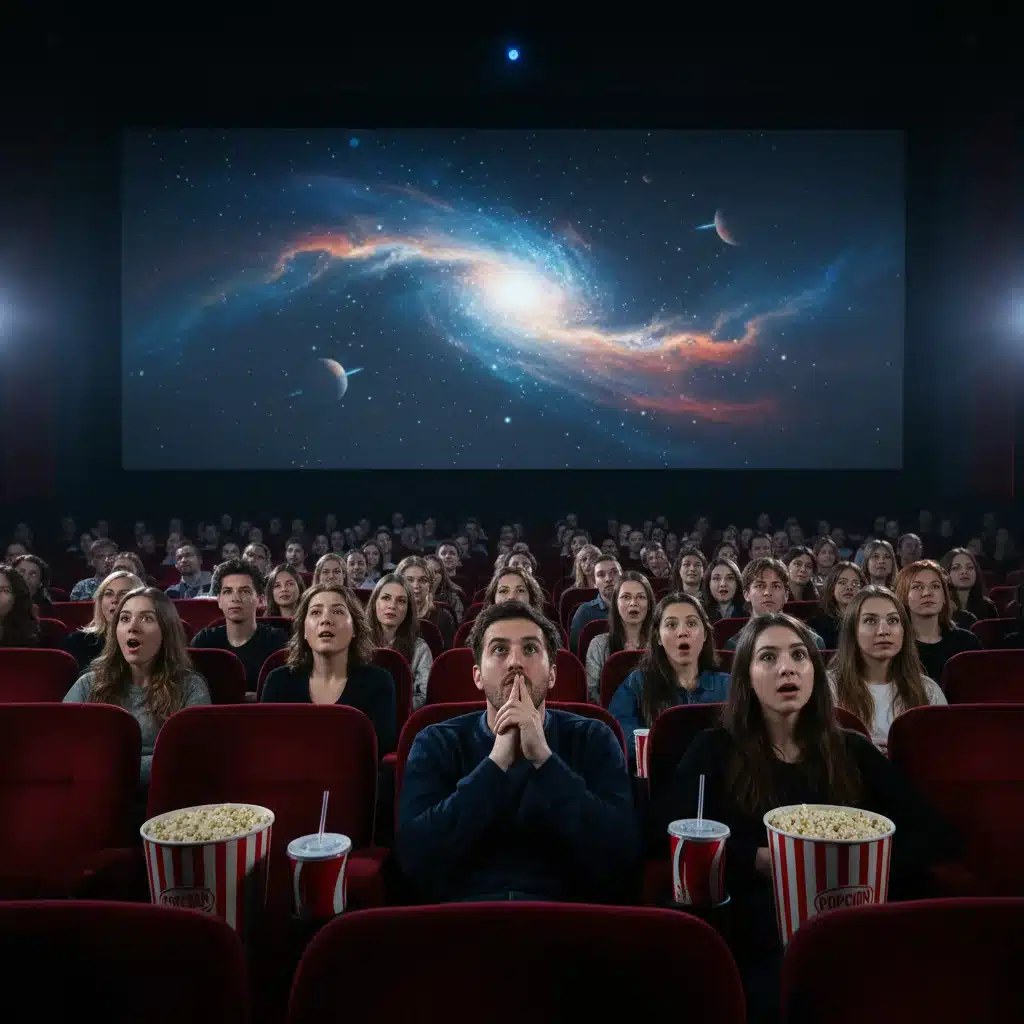 Public absorbé par un film dans une salle de cinéma sombre, reflétant l'expérience immersive du spectateur.