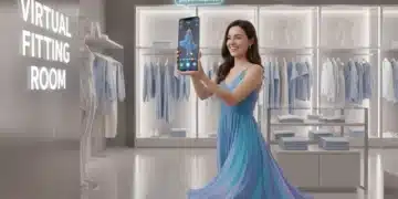 Cliente utilisant la réalité augmentée pour essayer virtuellement des vêtements en magasin, augmentant l'engagement.