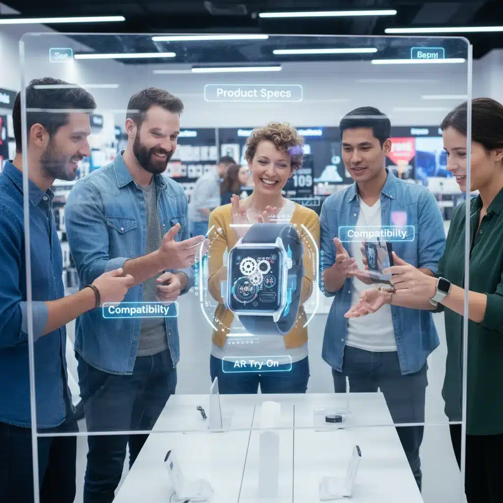 Clients interagissant avec un écran de réalité augmentée interactif en magasin, enrichissant l'expérience d'achat.