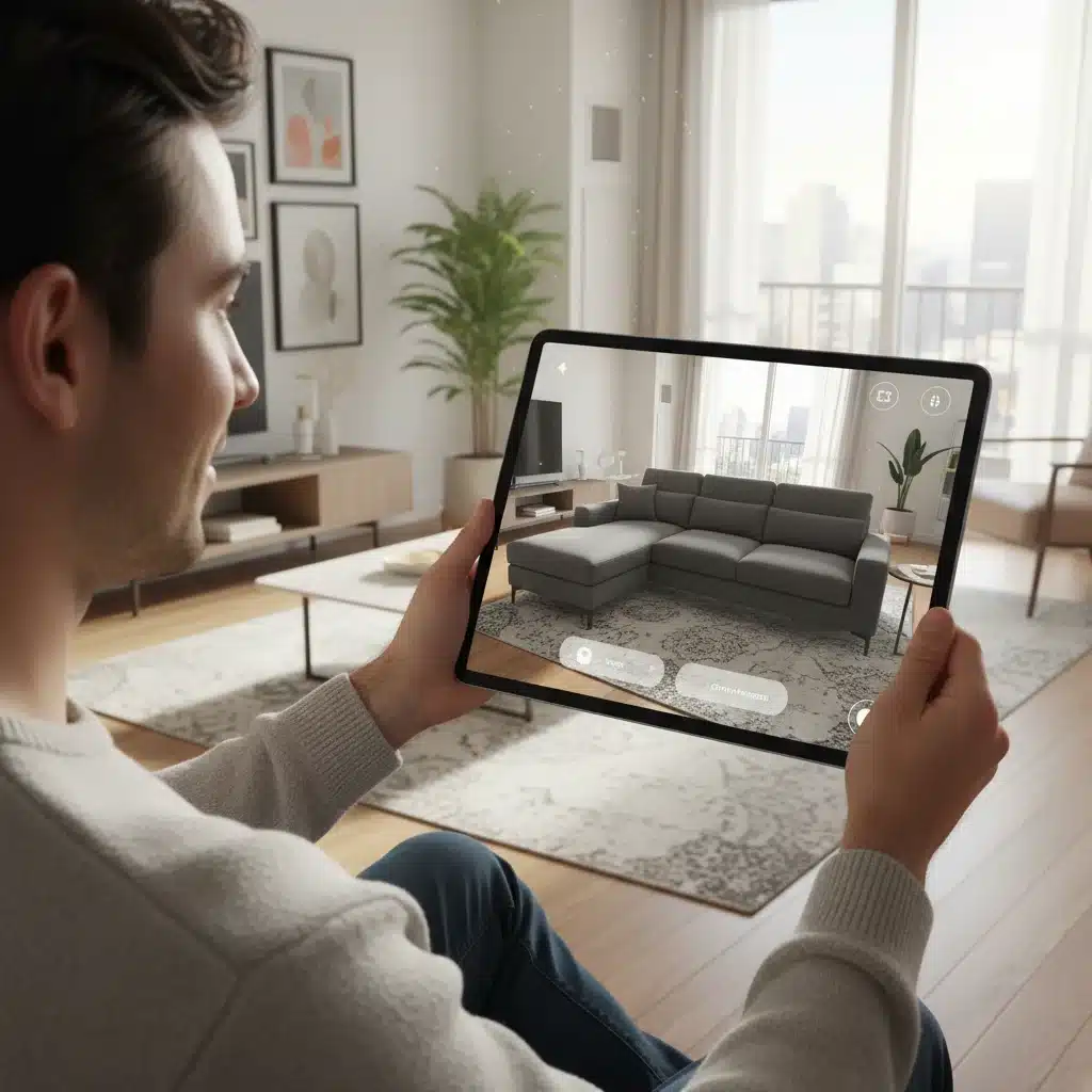 Client utilisant la RA pour visualiser des meubles chez lui avant l'achat, améliorant l'expérience.