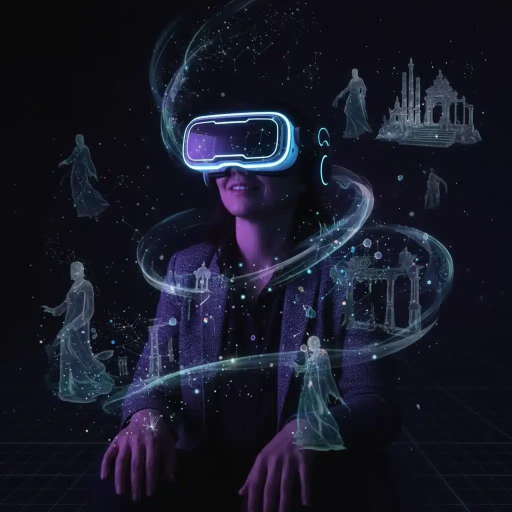 Spectateur utilisant un casque de réalité virtuelle pour une expérience théâtrale immersive.
