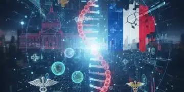 Illustration futuriste de la recherche scientifique en France, symbolisant l'innovation en santé avec ADN et données médicales.