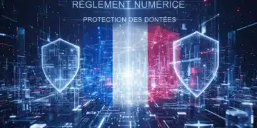 Paysage numérique futuriste avec des données interconnectées et le drapeau français, symbolisant la réglementation et la protection des données en France.