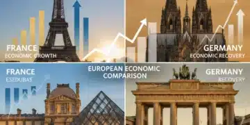 Comparaison des politiques de relance économique en France et en Allemagne, avec des symboles nationaux et des graphiques de croissance.