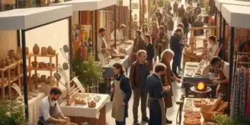 Artisans français présentant leurs créations au marché, symbolisant le renouveau des arts populaires.