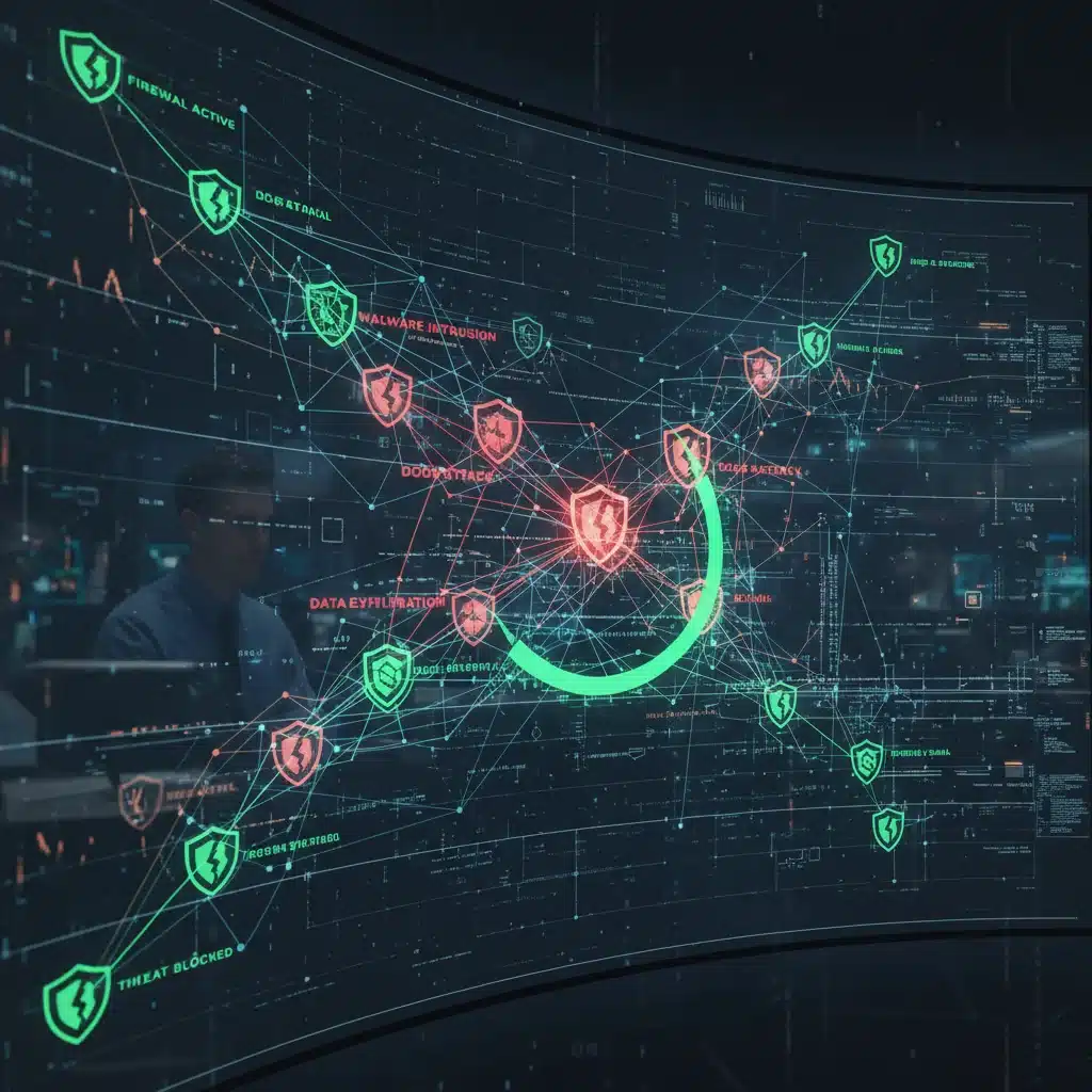 Schéma de réseau complexe montrant des vulnérabilités et des défenses cyber, illustrant une attaque informatique.