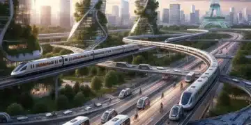 Vue aérienne d'un réseau de transport futuriste en France, avec trains et véhicules électriques