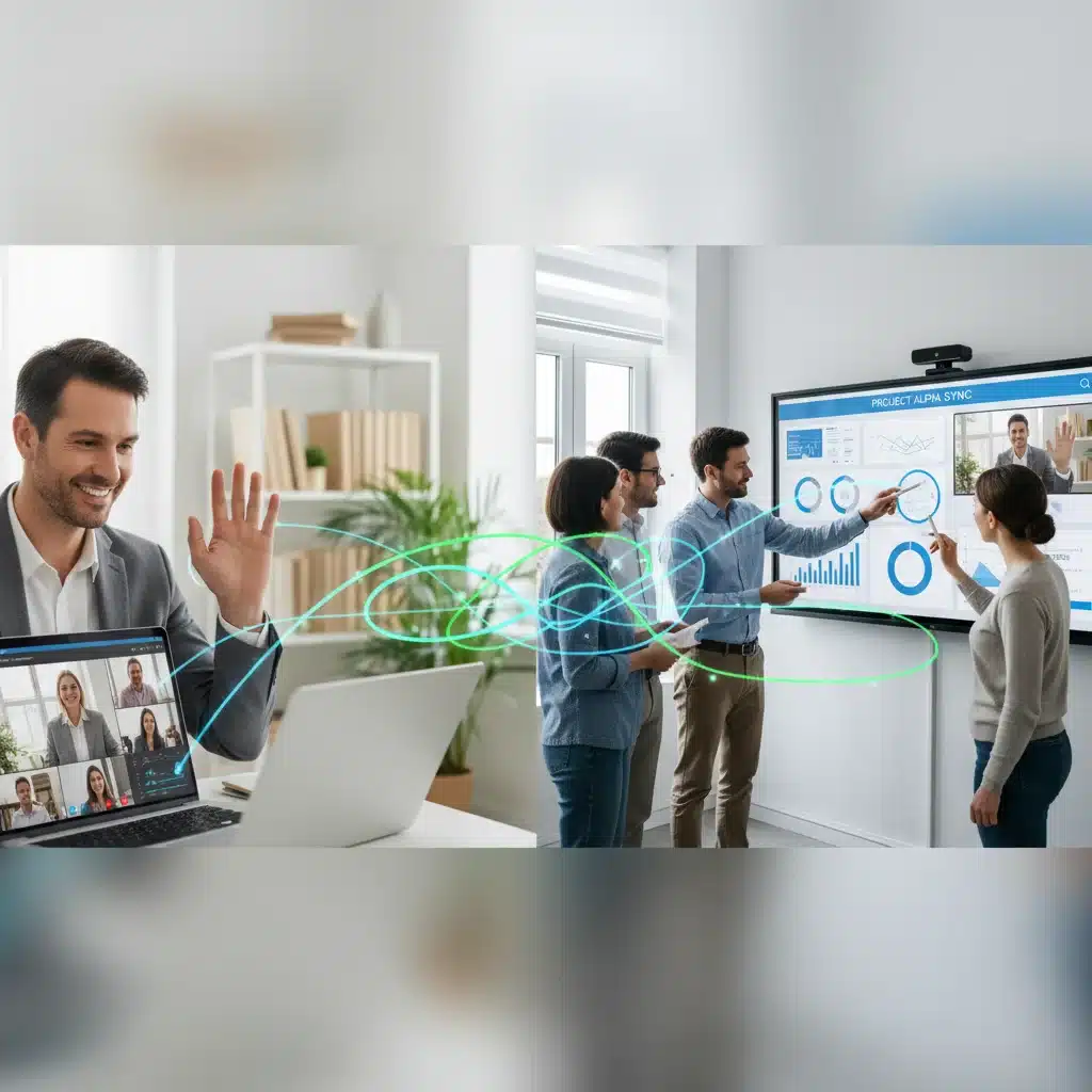 Équipe en réunion virtuelle avec outils de collaboration interactive