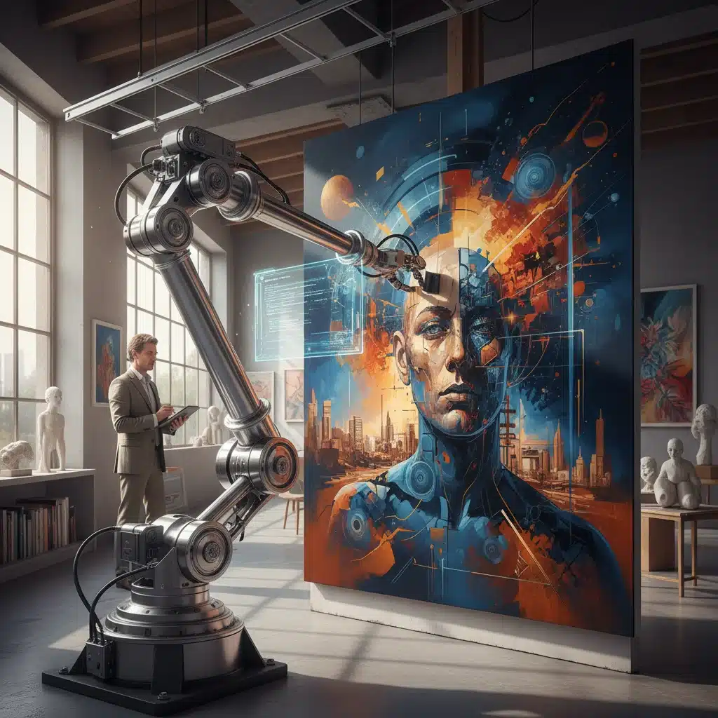 Bras robotique peignant une toile sous la direction d'une IA dans un atelier français.