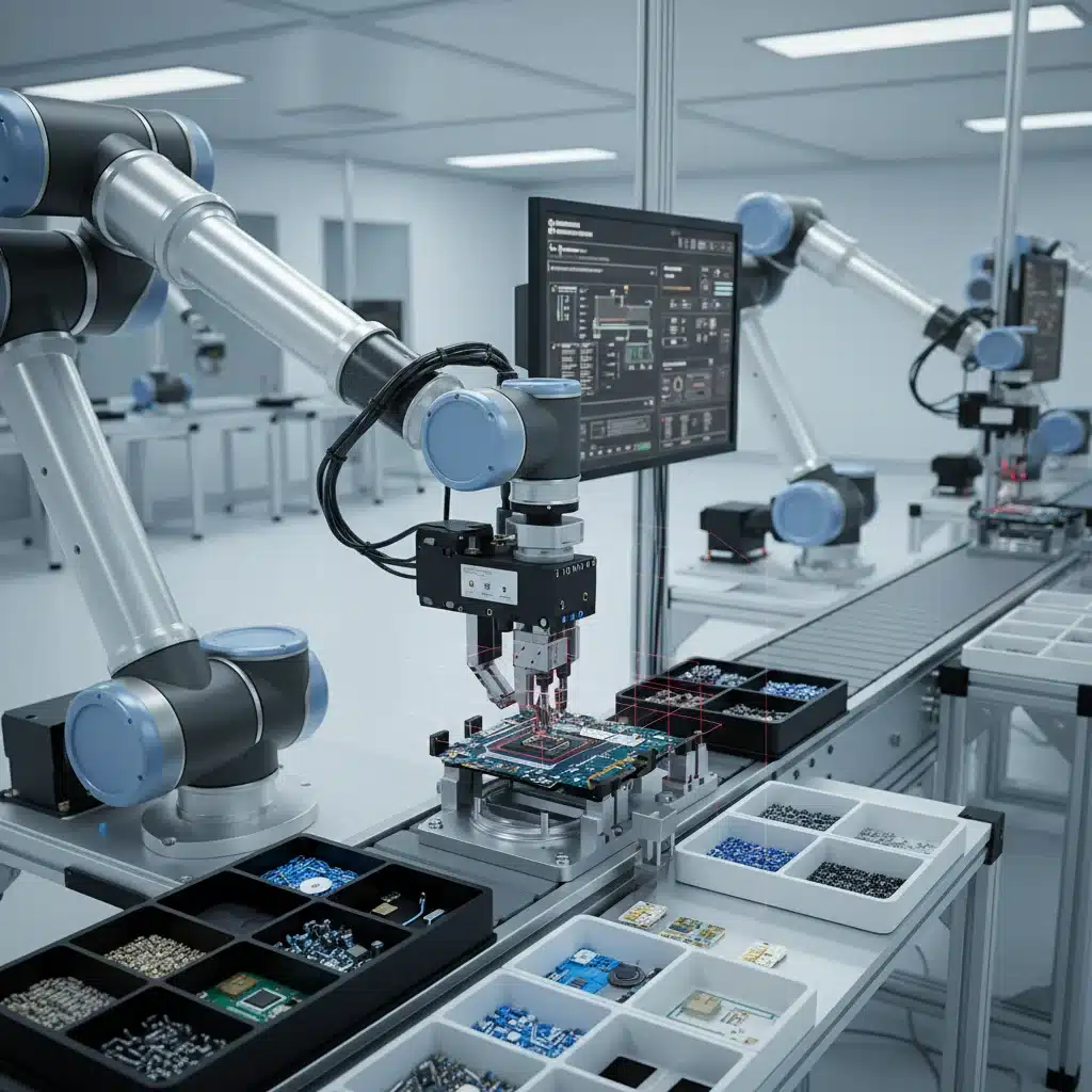 Bras robotique réparant des composants électroniques dans une usine de pointe.