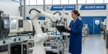 Robot collaboratif et opérateur humain travaillant côte à côte dans une usine française moderne