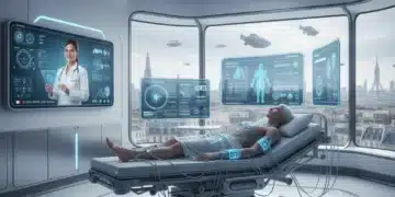 Illustration de la santé connectée en France avec un patient et des dispositifs médicaux de pointe.