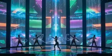 Scène futuriste avec des jeux de lumière et des projections abstraites, symbolisant l'innovation des arts de la scène en France en 2026.