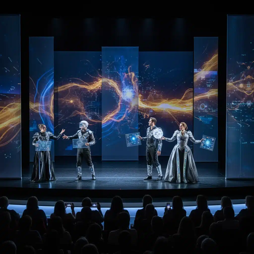 Scène d'opéra contemporain avec projections numériques et costumes modernes, captivant un public varié.