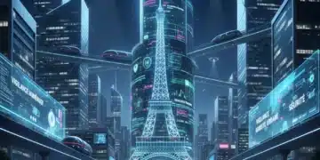 Vue nocturne futuriste d'une ville française sous haute sécurité, avec des éléments technologiques et des véhicules de police.