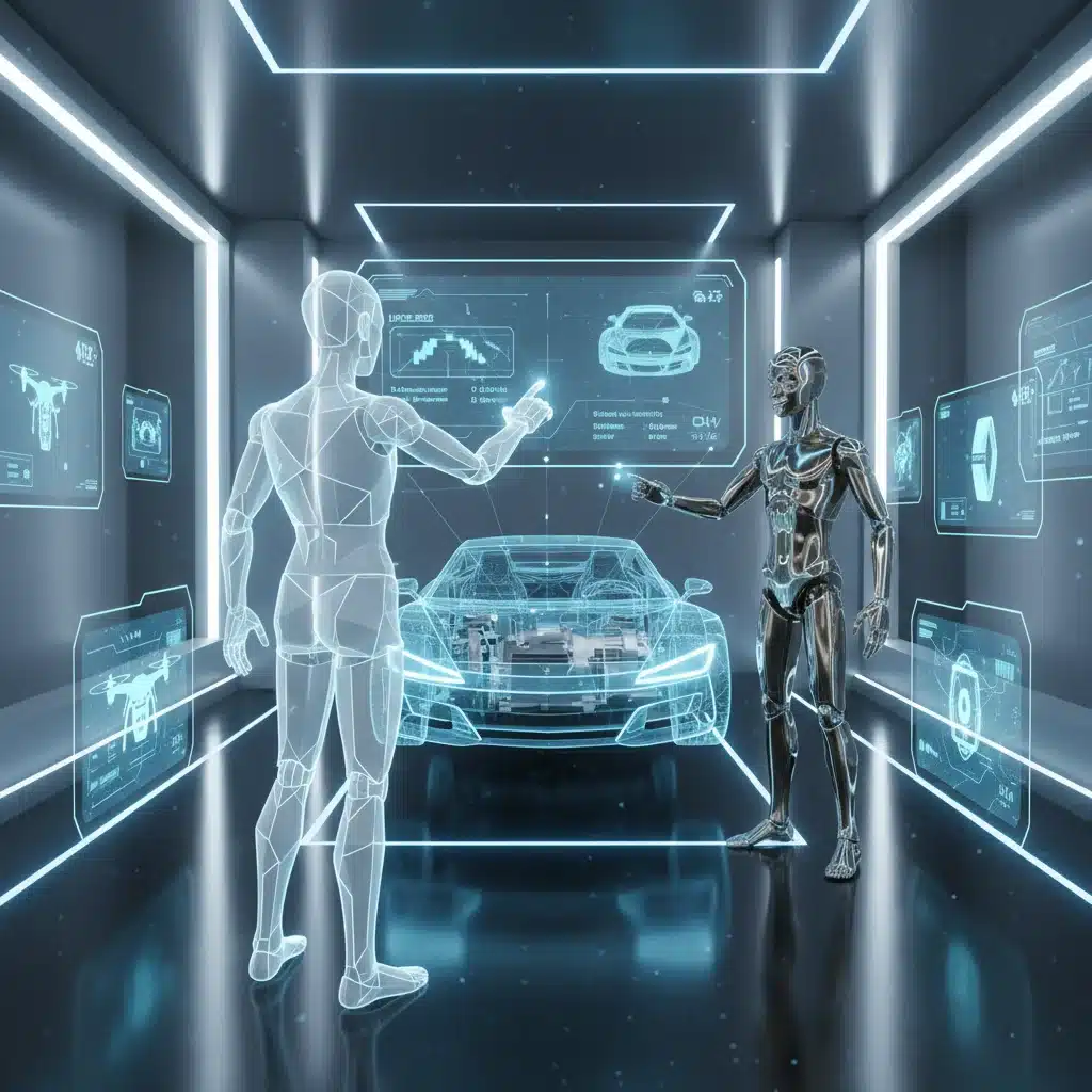 Client explorant un showroom virtuel interactif dans le métavers, découvrant des produits en 3D.