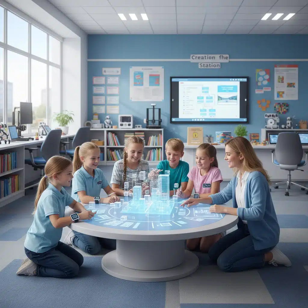 Enfants en école primaire travaillant en groupe, illustrant le soutien personnalisé et la collaboration.