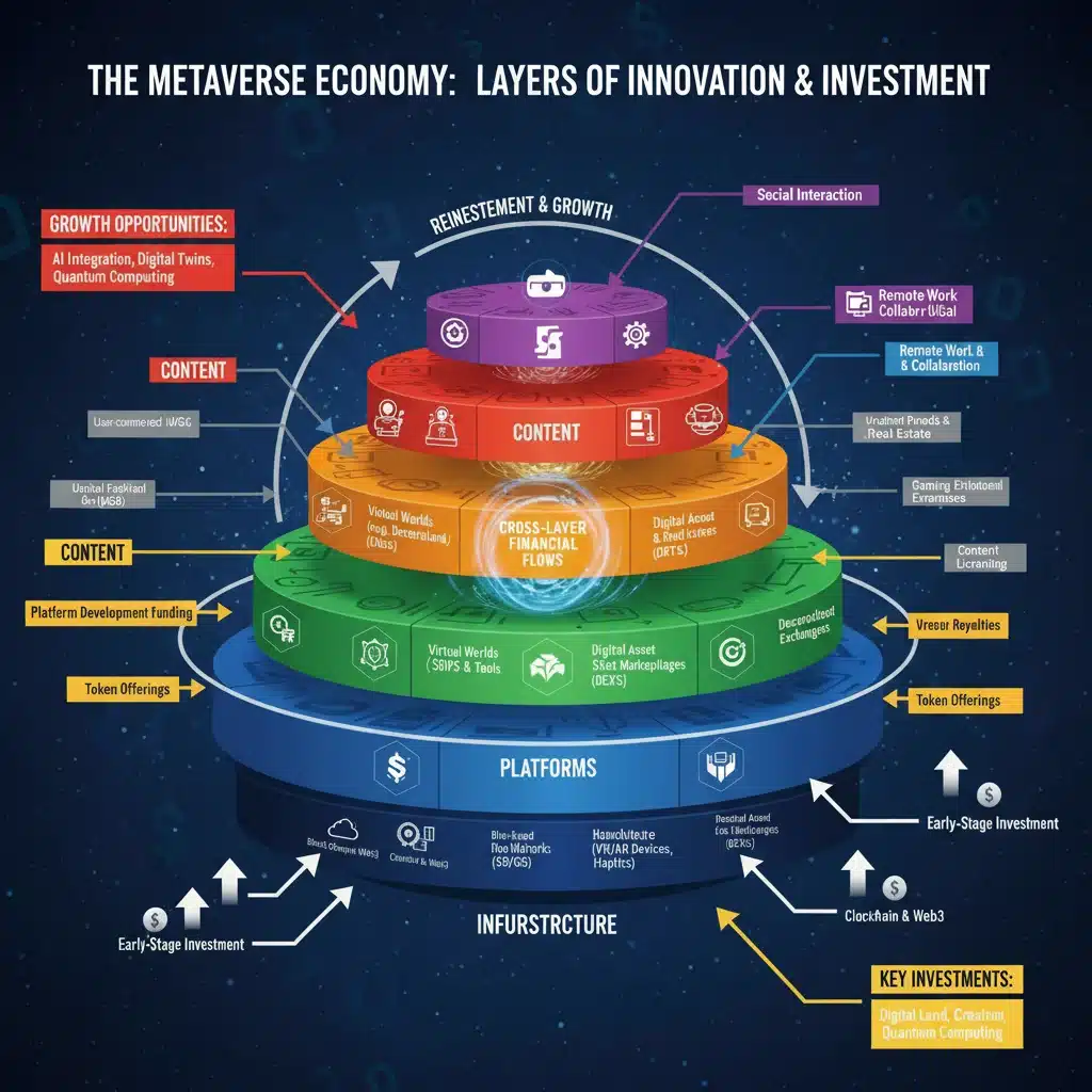 Infographie détaillée illustrant les différentes couches et flux financiers de l'économie du métavers.