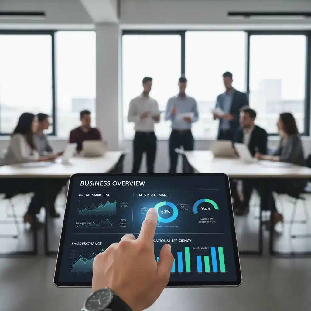 Main interagissant avec une tablette affichant des indicateurs clés de performance numériques