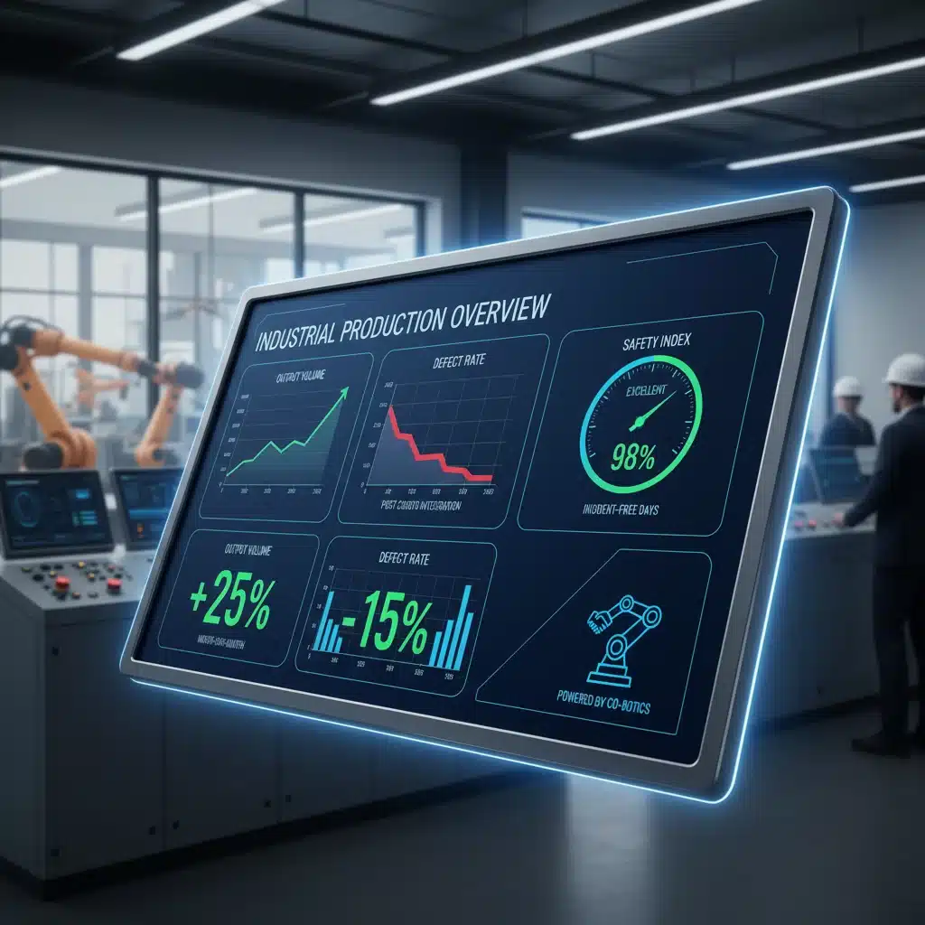 Tableau de bord affichant les indicateurs de performance clés (KPI) améliorés par la robotique collaborative