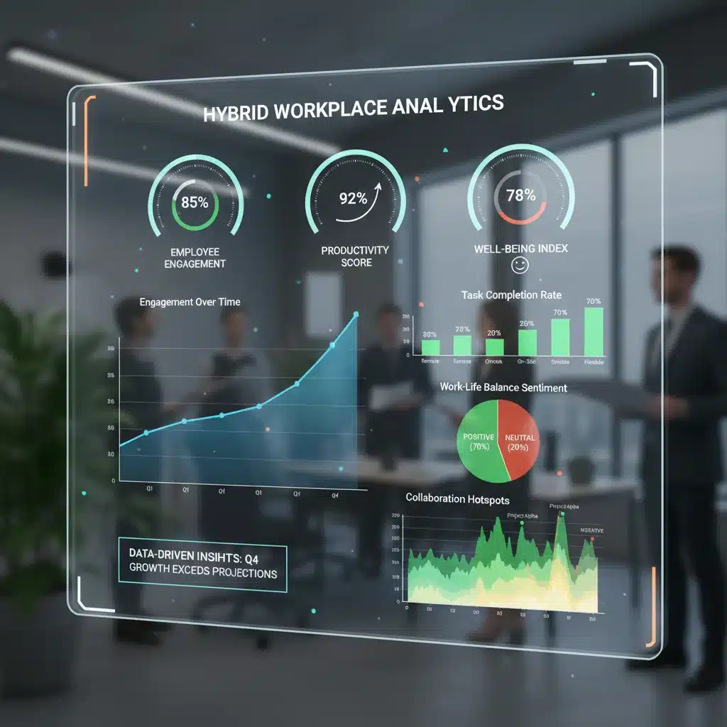 Tableau de bord numérique affichant les indicateurs clés de performance de l'engagement et de la productivité des employés en mode hybride.