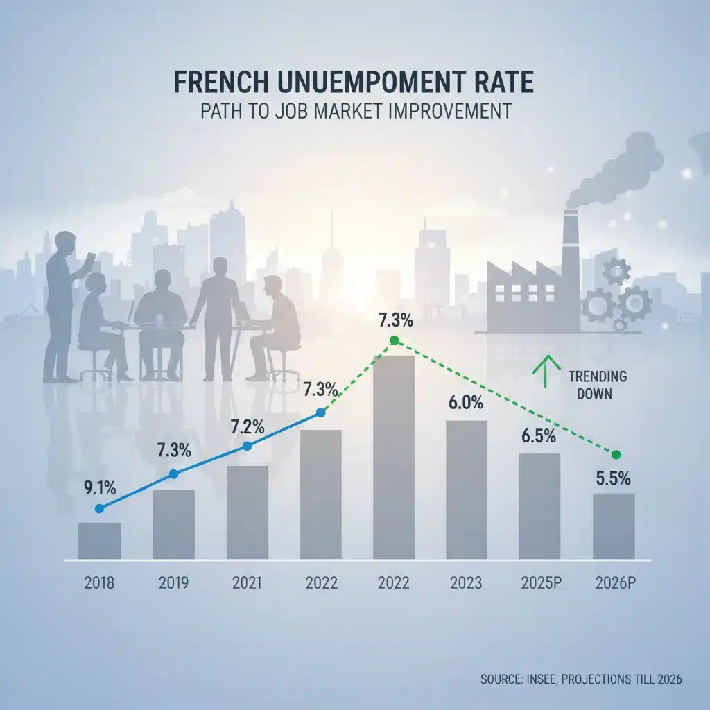 Graphique de l'évolution du taux de chômage en France et des dynamiques du marché du travail pour 2026.