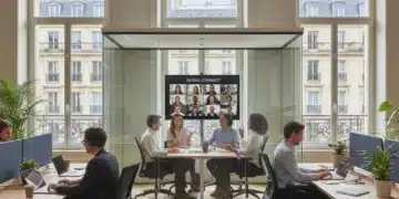 Illustration du télétravail hybride en France avec des employés collaborant à distance et au bureau