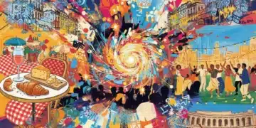 Collage artistique vibrant illustrant les tendances culturelles de l'été 2026 en France avec festivals, expositions et gastronomie.