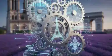 Illustration des tendances du marché du travail français en 2026 avec des éléments numériques et de croissance.