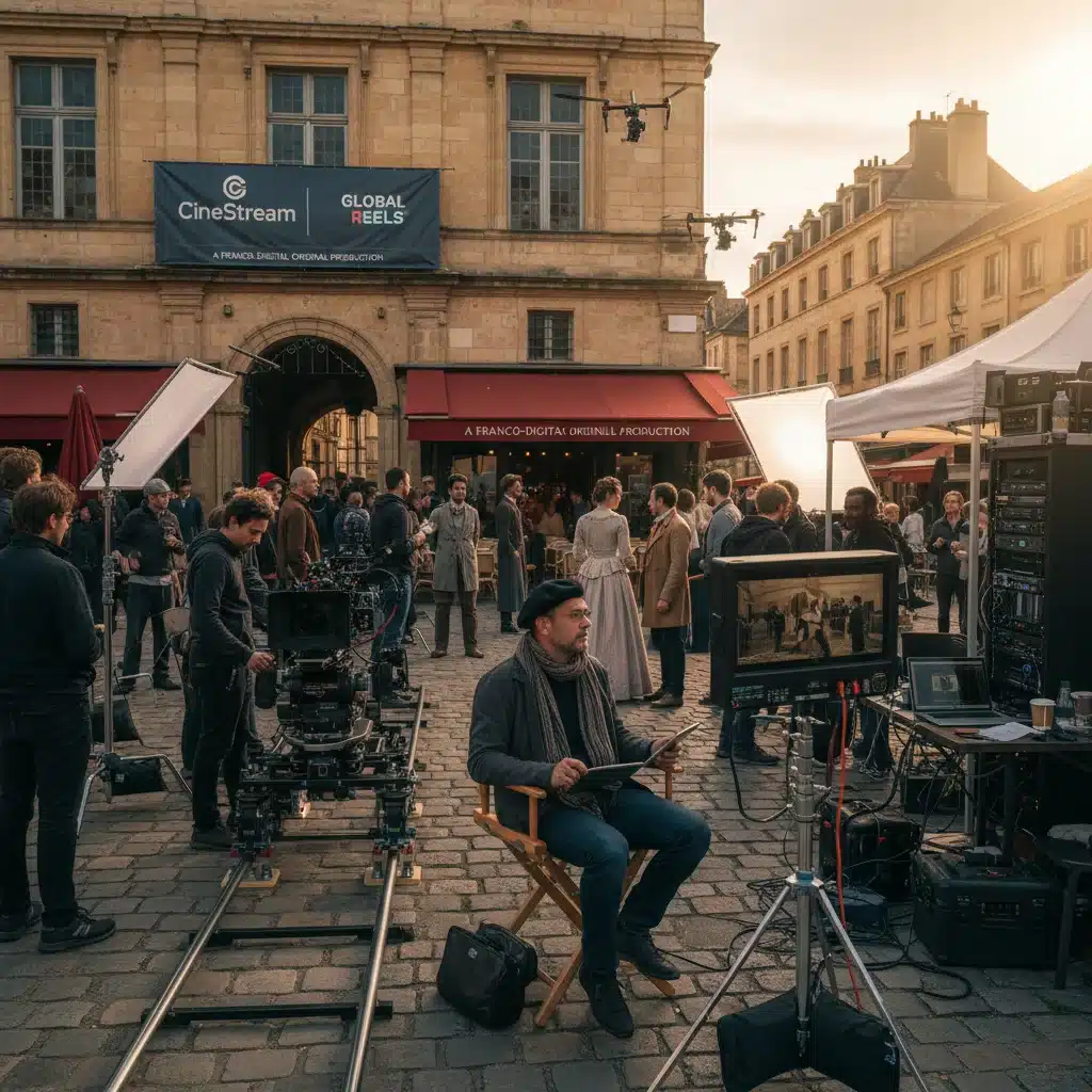 Scène de tournage de film français, illustrant l'investissement des plateformes de streaming dans la production.
