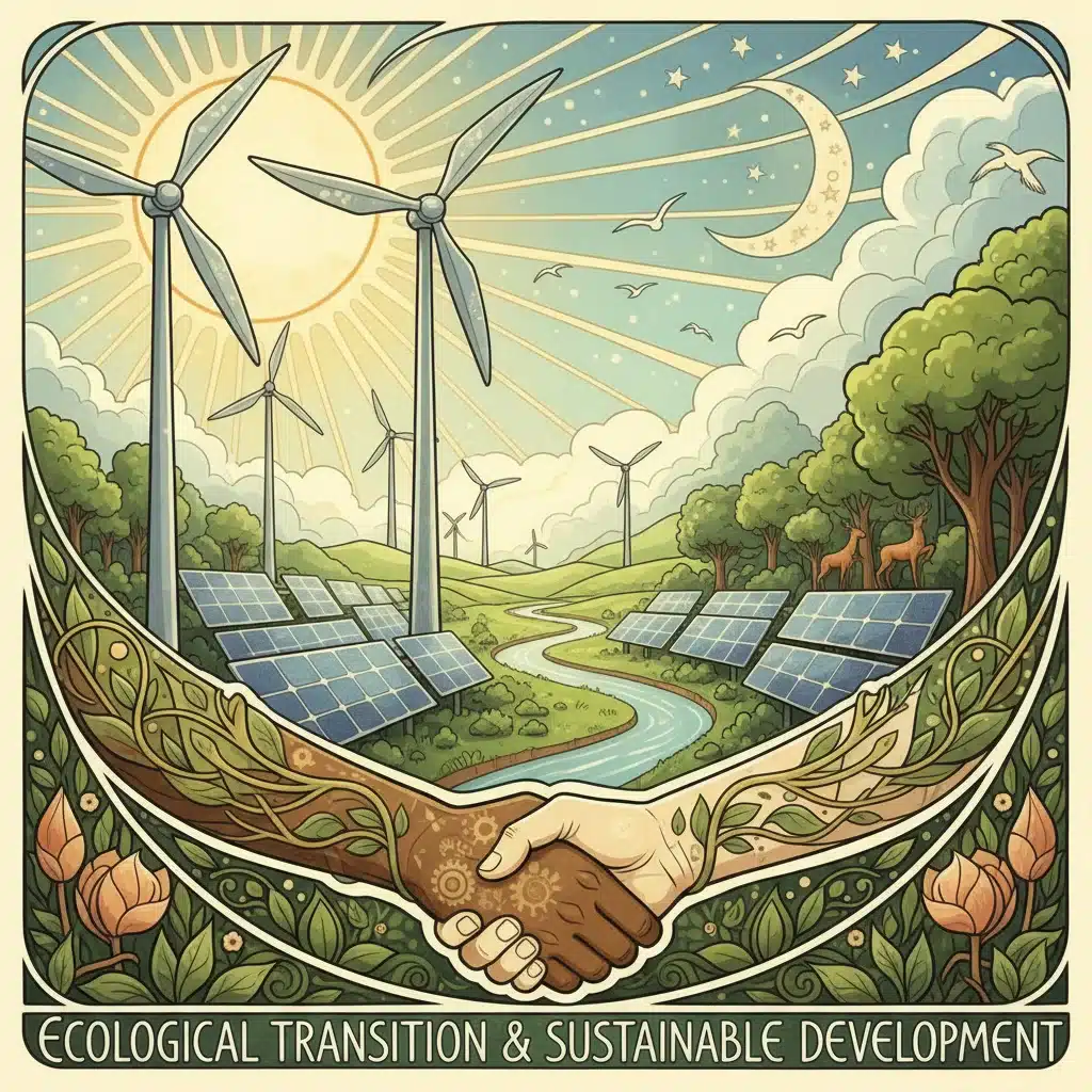 Éoliennes et panneaux solaires, symboles de la transition écologique et du développement durable.