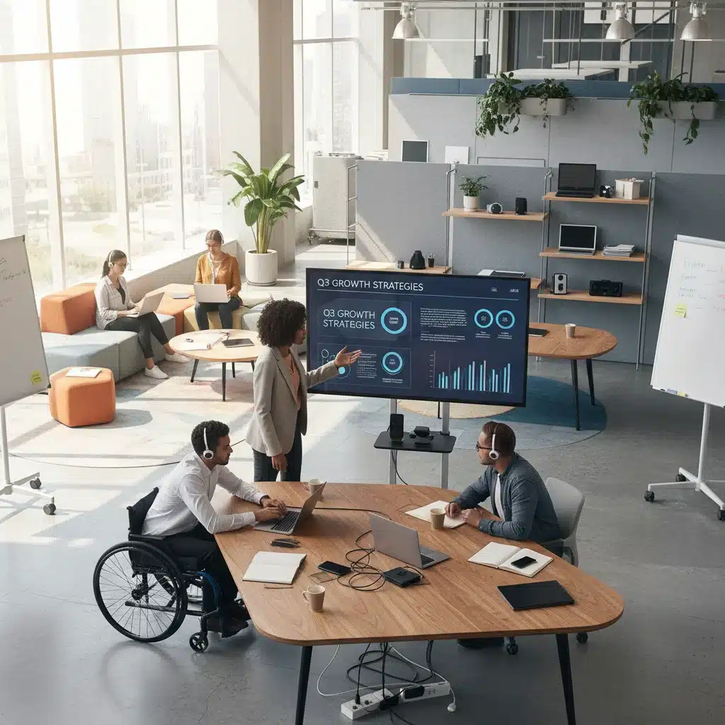 Professionnels travaillant en mode hybride, combinant télétravail et présence au bureau.