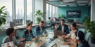 Professionnels collaborant dans un environnement de travail hybride moderne en France, symbolisant la flexibilité et l'innovation.