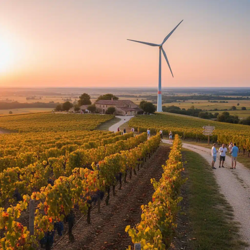 Vignoble français avec éolienne, symbolisant l'énergie et l'agroalimentaire