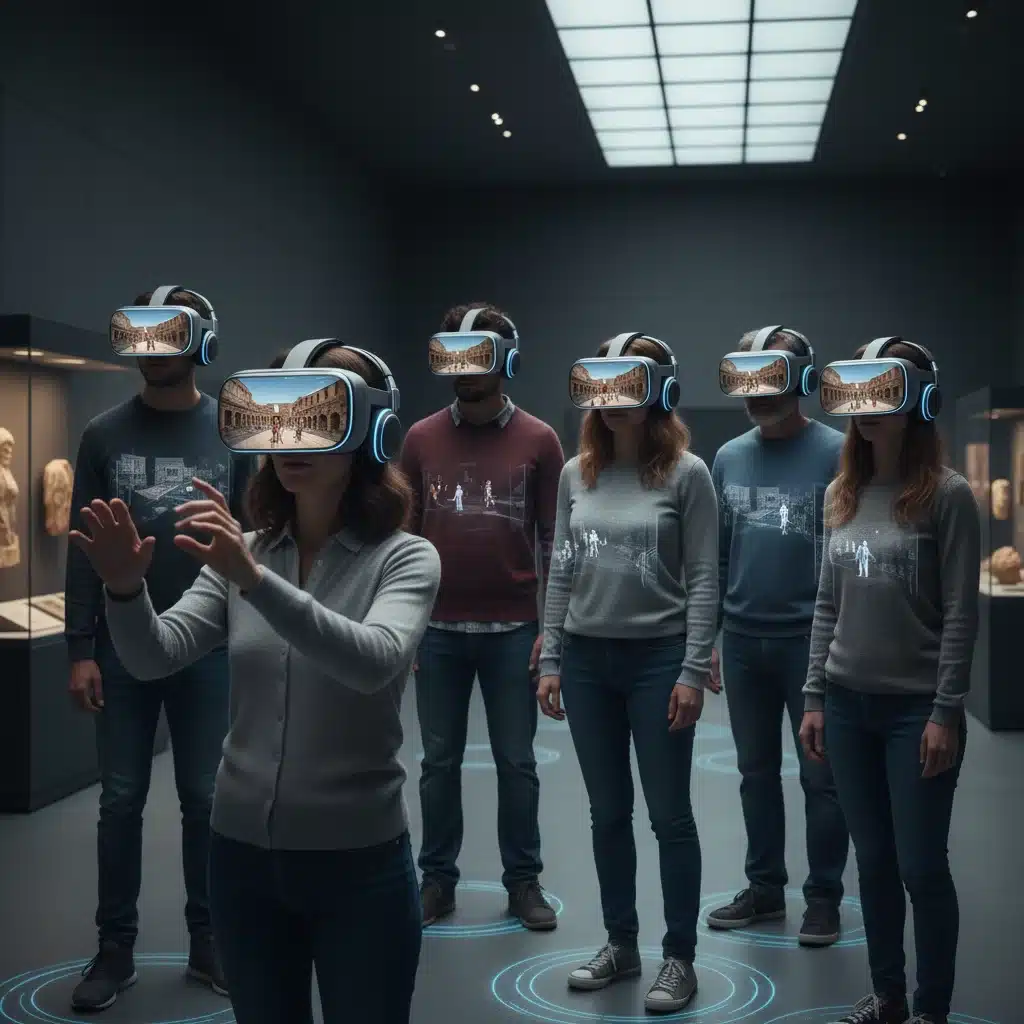 Visiteurs de musée utilisant des casques de réalité virtuelle pour une immersion totale dans une scène historique reconstituée.