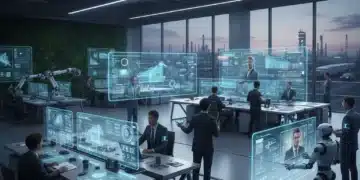 Environnement de bureau futuriste intégrant IA, robots et collaboration humaine, symbolisant l'évolution du travail.